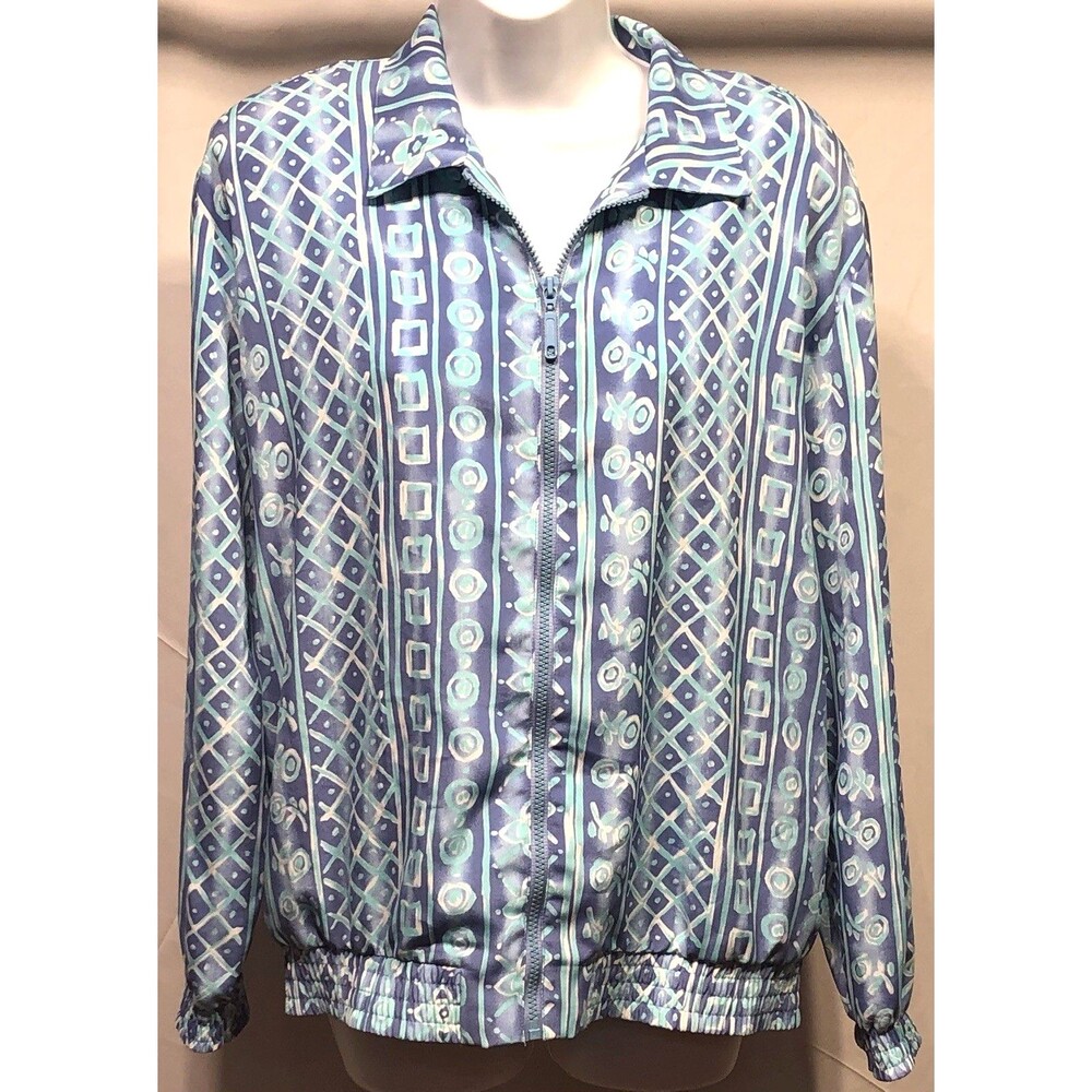 Vintage Teddi flowy Light Jacket L/XL Blue Geo LongSleeve Full Zip Pockets 90s